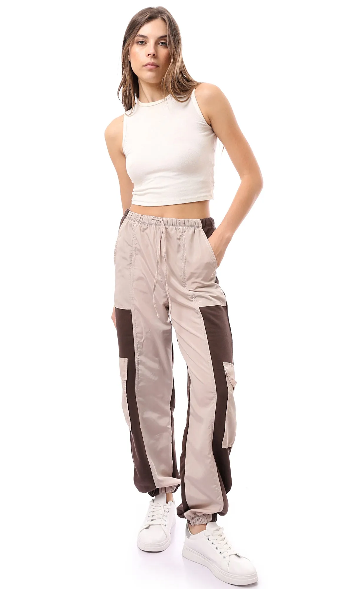 O172868 Bi-Tone Beige & Brown Slip On Cargo Pants