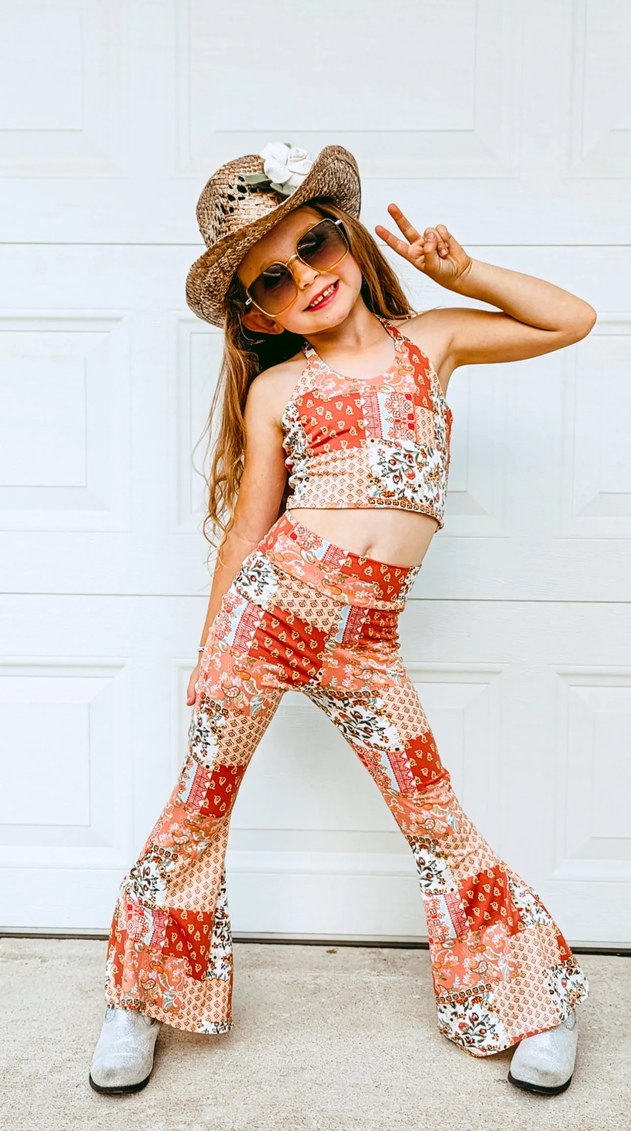 Peachy Patchwork Cowgirl Halter/ Bell Bottom Set