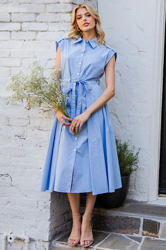 Periwinkle Button Down Cap Sleeve Midi Dress