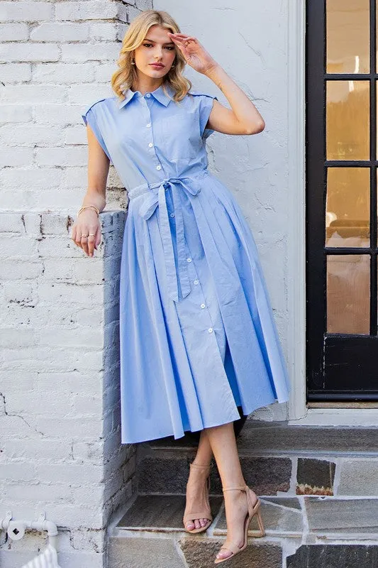 Periwinkle Button Down Cap Sleeve Midi Dress