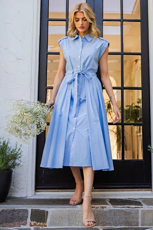 Periwinkle Button Down Cap Sleeve Midi Dress