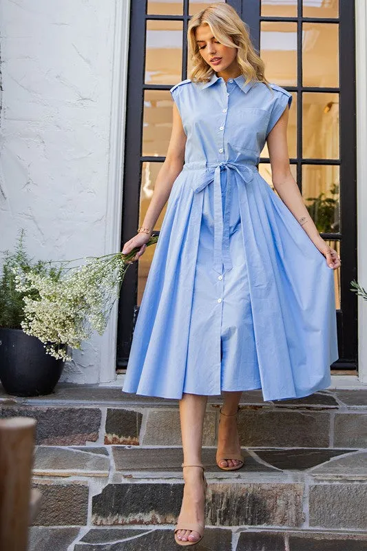 Periwinkle Button Down Cap Sleeve Midi Dress