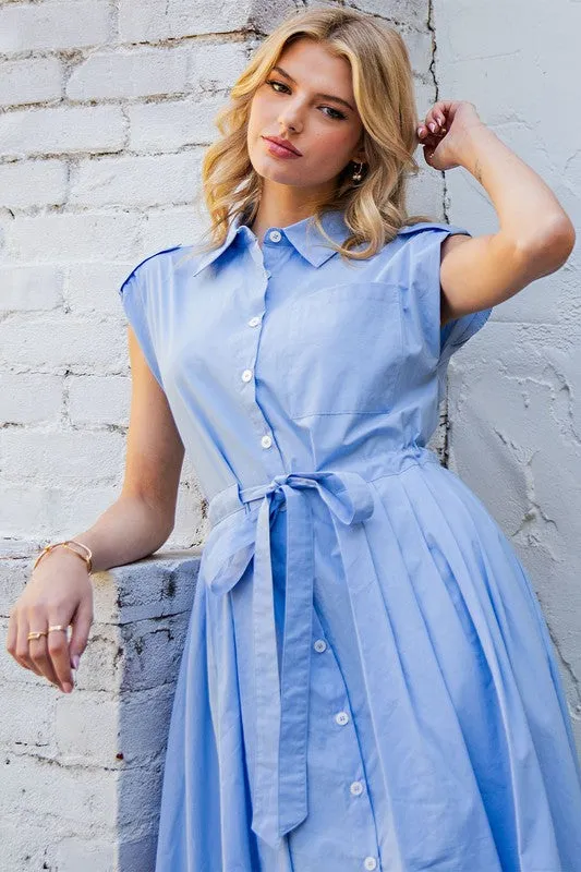 Periwinkle Button Down Cap Sleeve Midi Dress