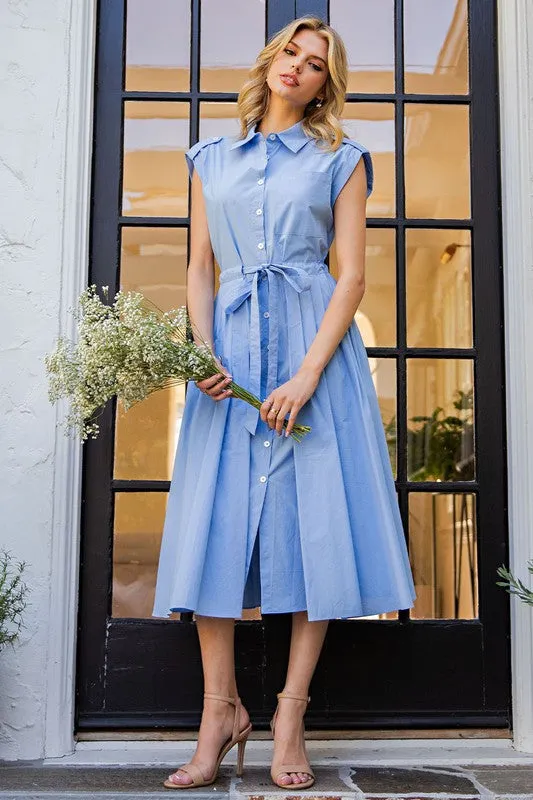 Periwinkle Button Down Cap Sleeve Midi Dress