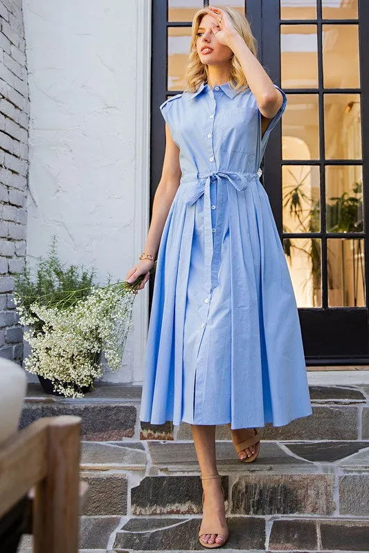 Periwinkle Button Down Cap Sleeve Midi Dress