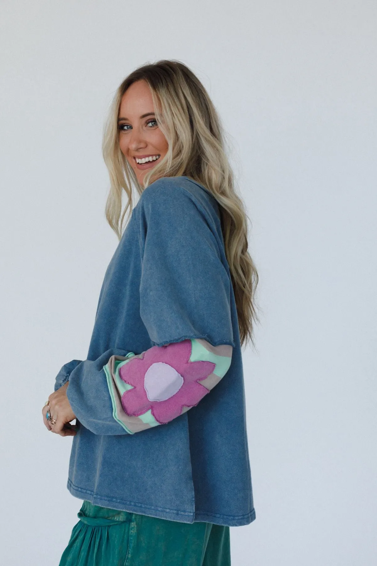 Petal Patch Pullover Top - Blue