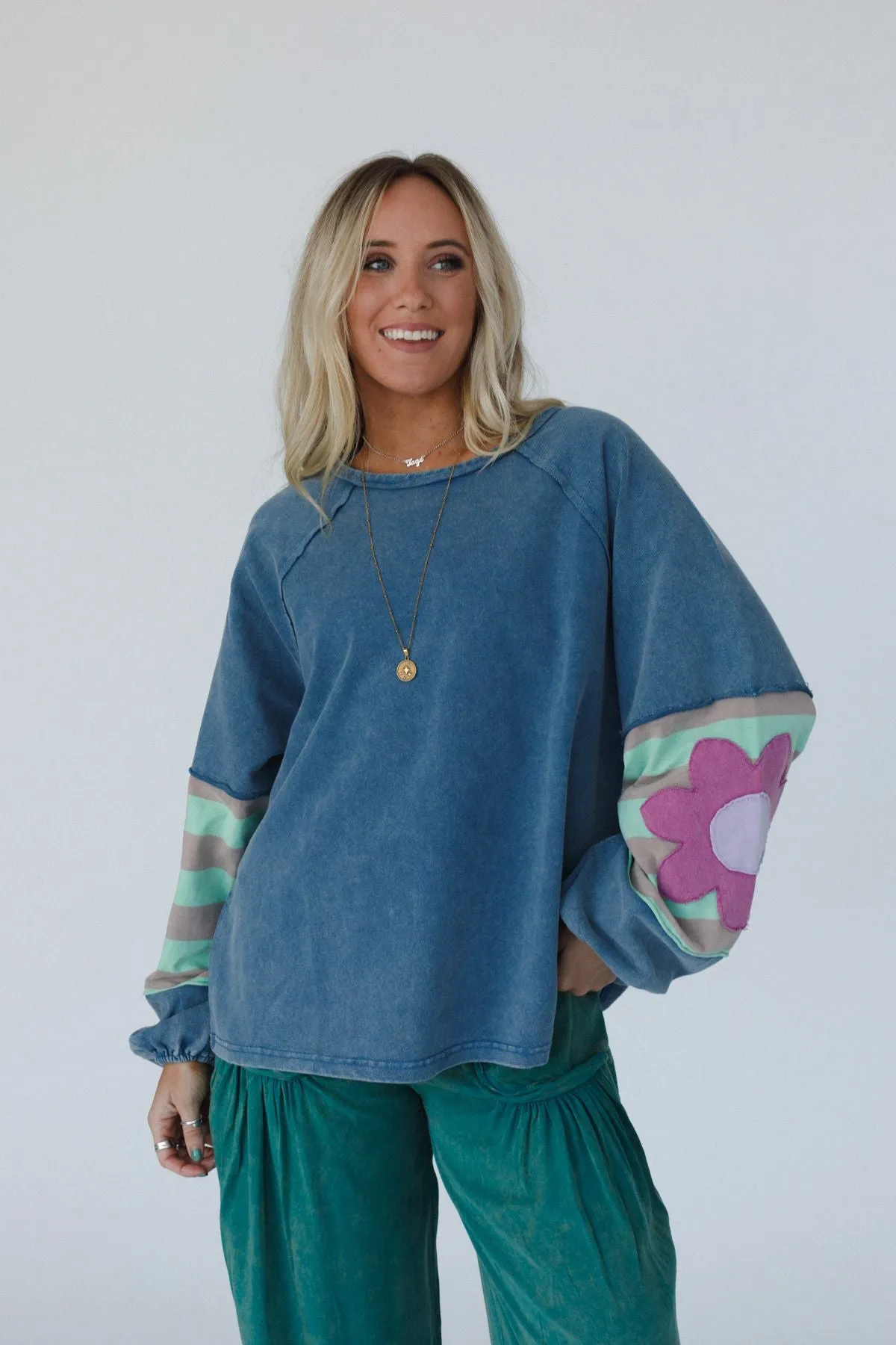 Petal Patch Pullover Top - Blue