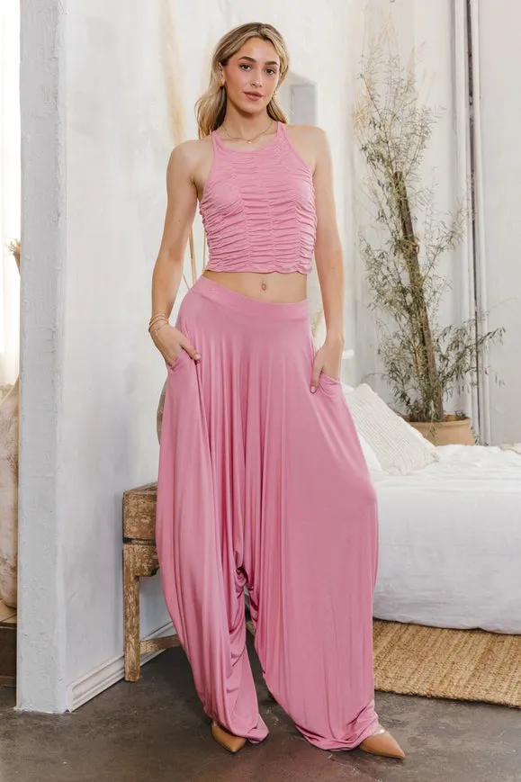 Single Jersey Cropped Ruched Top Set Pink