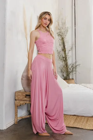 Single Jersey Cropped Ruched Top Set Pink