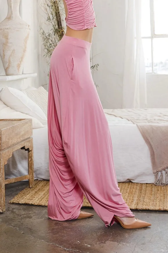Single Jersey Cropped Ruched Top Set Pink