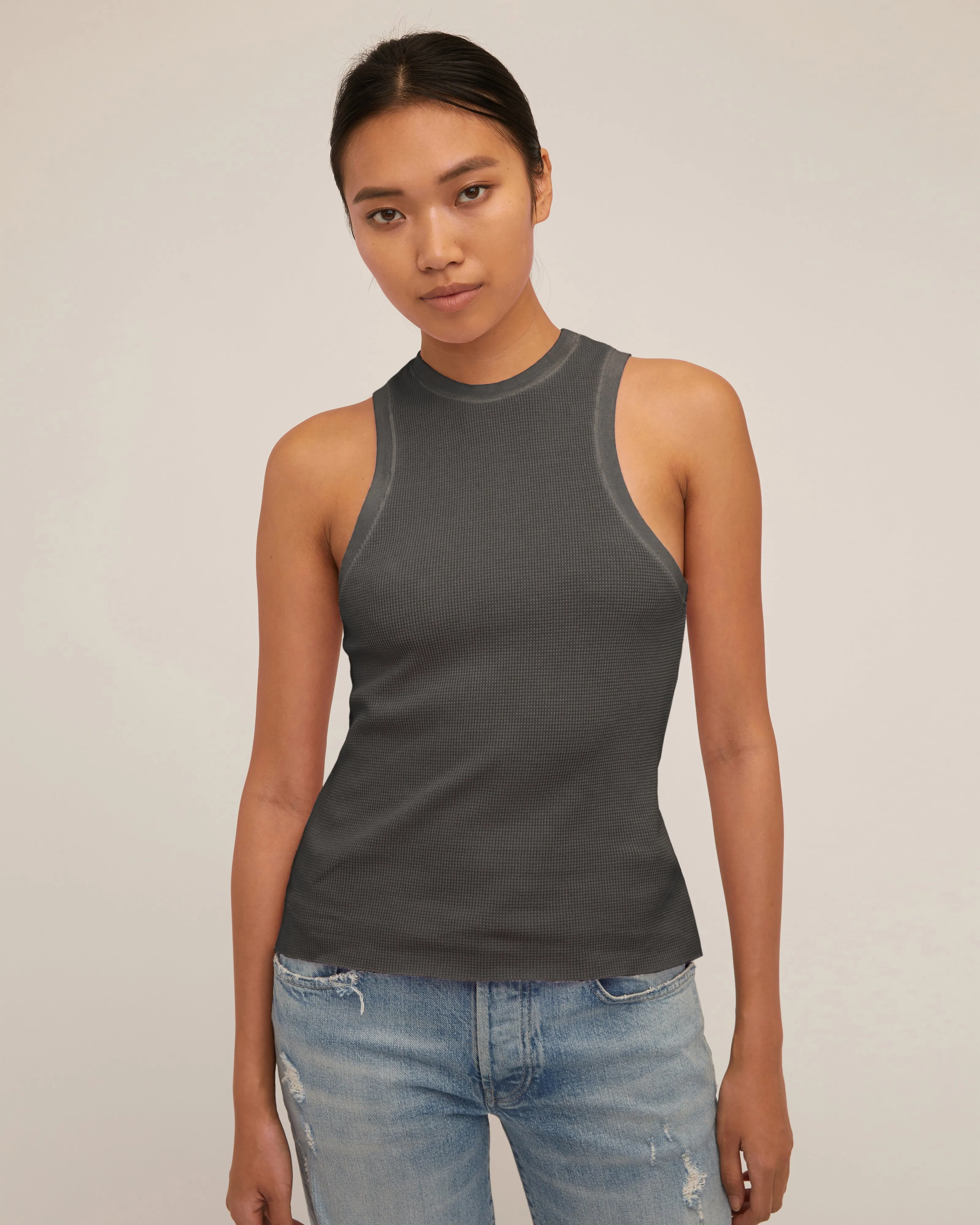 Stretch Waffle Bay Slim Knit Tank in Ash