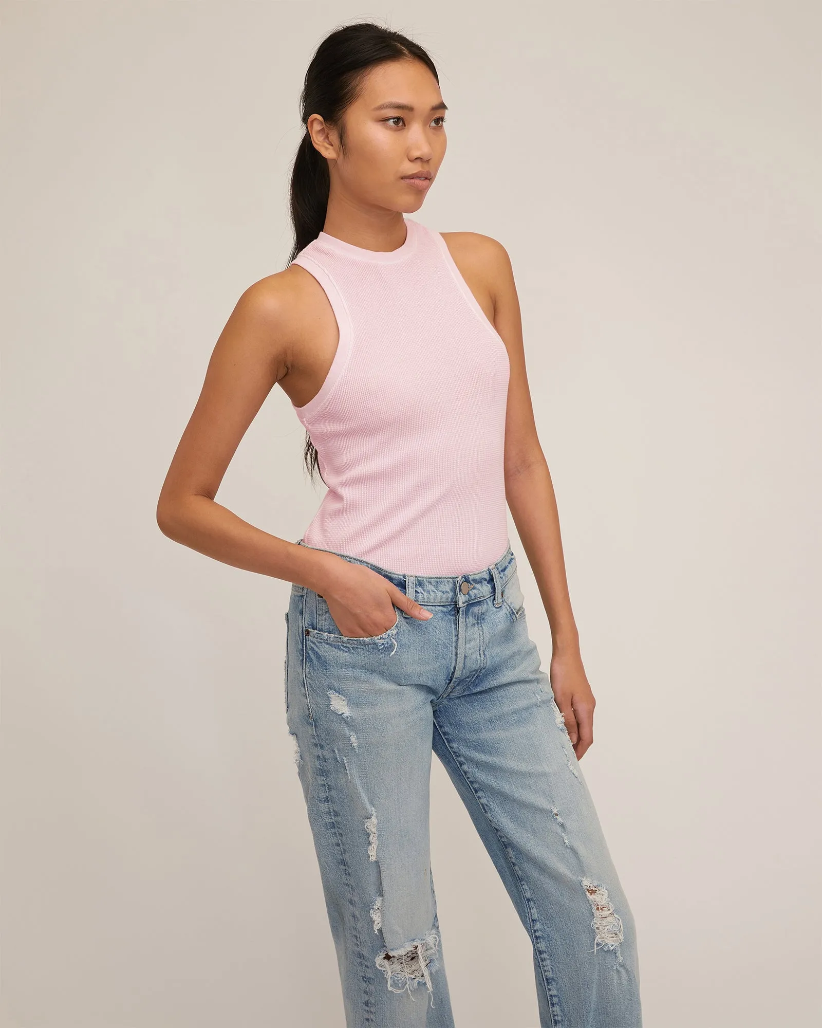 Stretch Waffle Bay Slim Knit Tank in Peony
