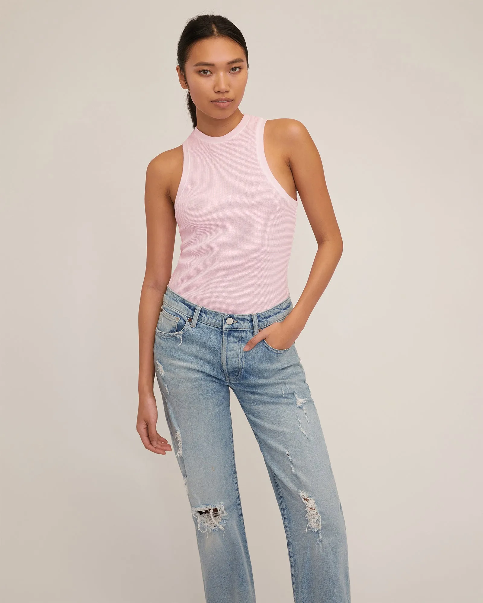 Stretch Waffle Bay Slim Knit Tank in Peony