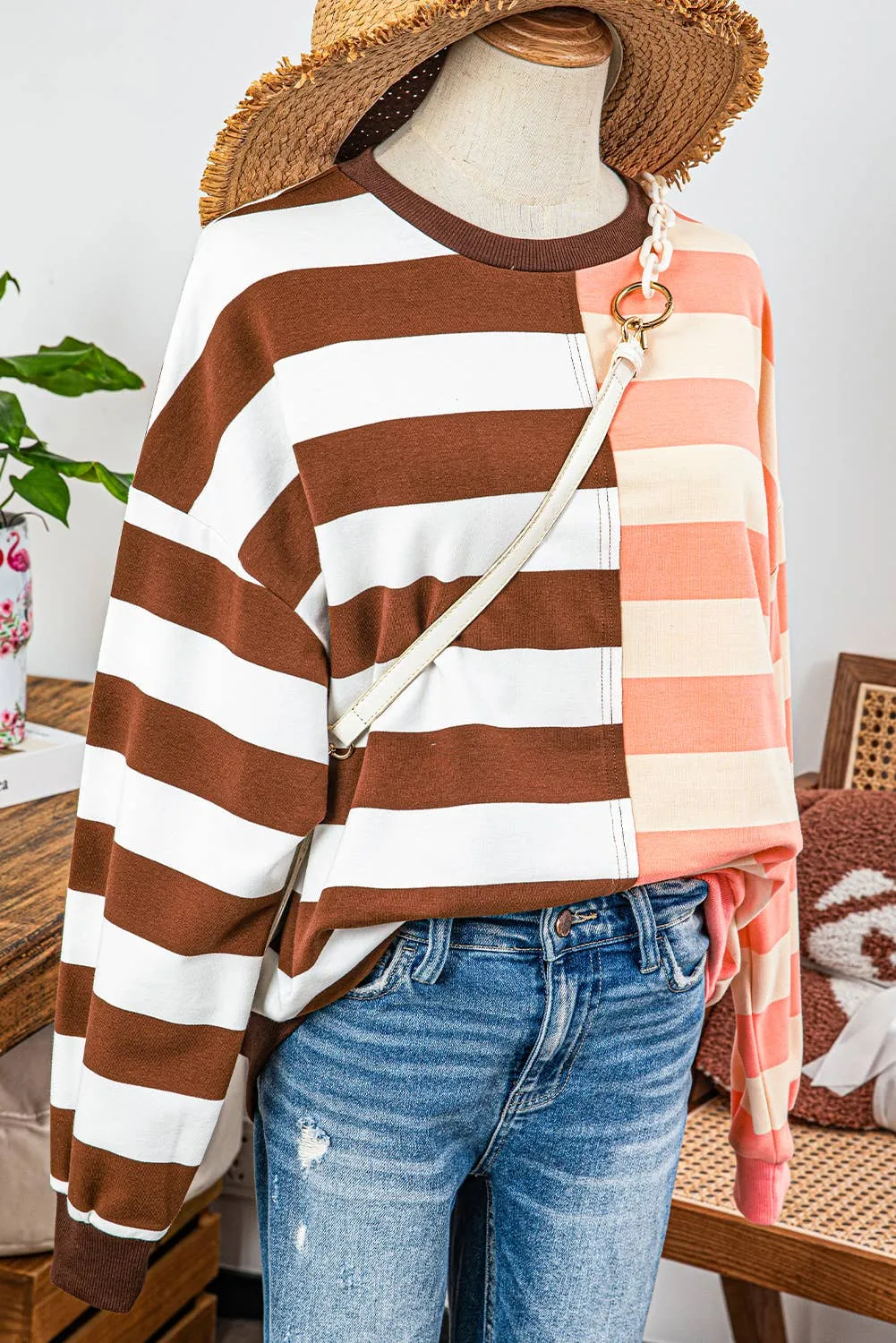 Stripe Colorblock Drop Shoulder Pullover Sweatshirt /Stuffology Boutique