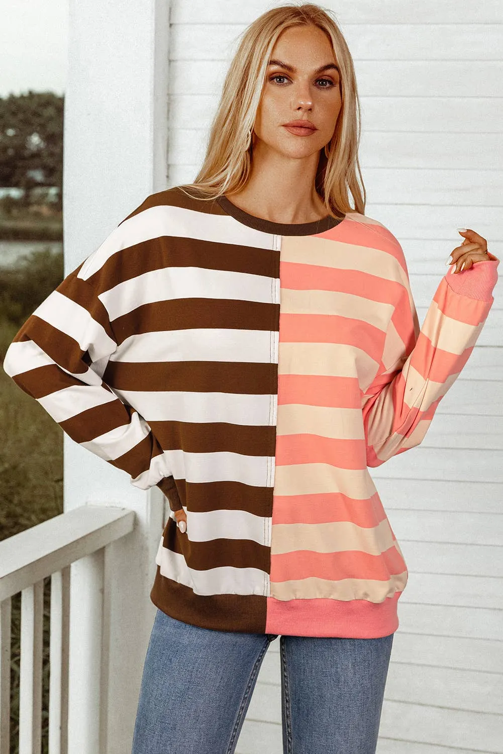 Stripe Colorblock Drop Shoulder Pullover Sweatshirt /Stuffology Boutique