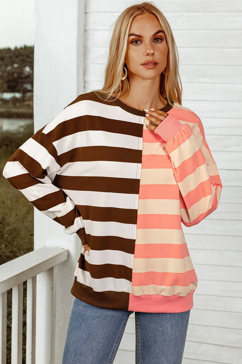 Stripe Colorblock Drop Shoulder Pullover Sweatshirt /Stuffology Boutique