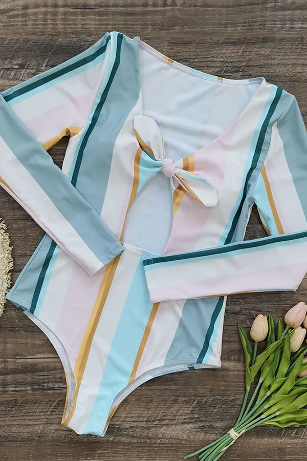 Striped Colorful Knotted Cutout One Piece Swimwear