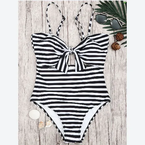 Striped One Piece Swimsuit Sexy Bowknot Backless Trendy Womens Swimwear Wholesale Vendors