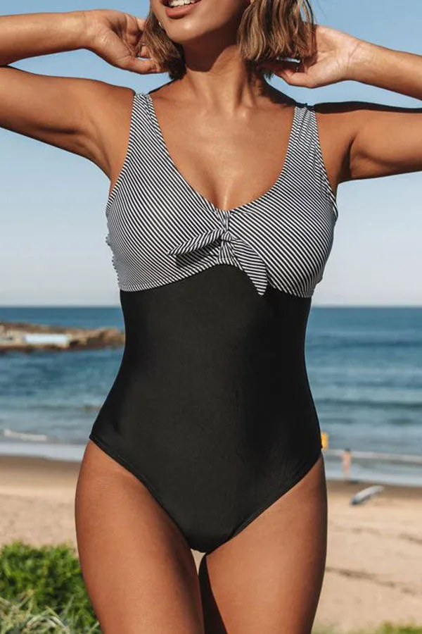 Striped Patchwork Classic Bowknot One Piece Swimwear