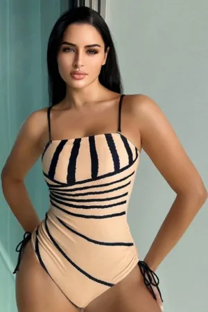 Striped Simple Side Drawstring One Piece Swimwear