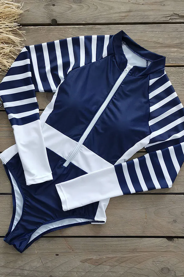 Striped Sporty Zipper One Piece Swimwear