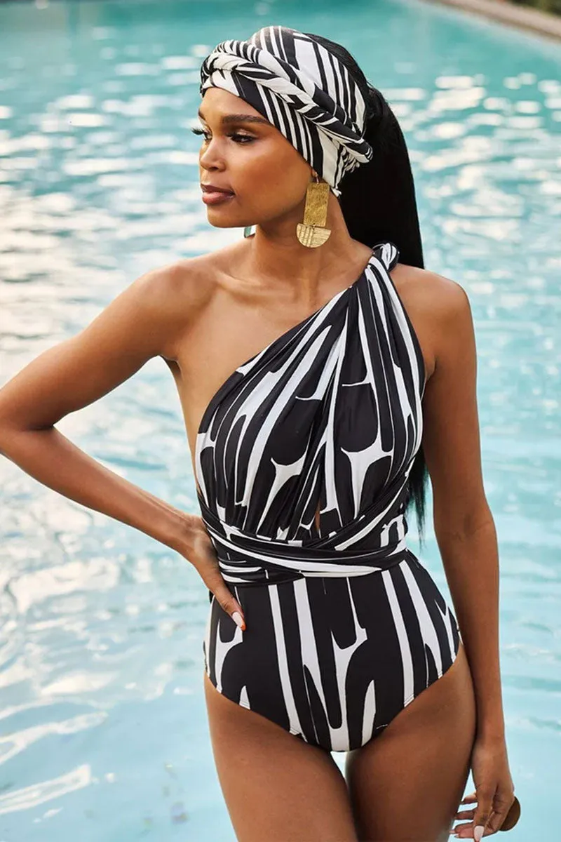 Striped Unique Strappy One Shoulder Irregular One Piece Swimwear