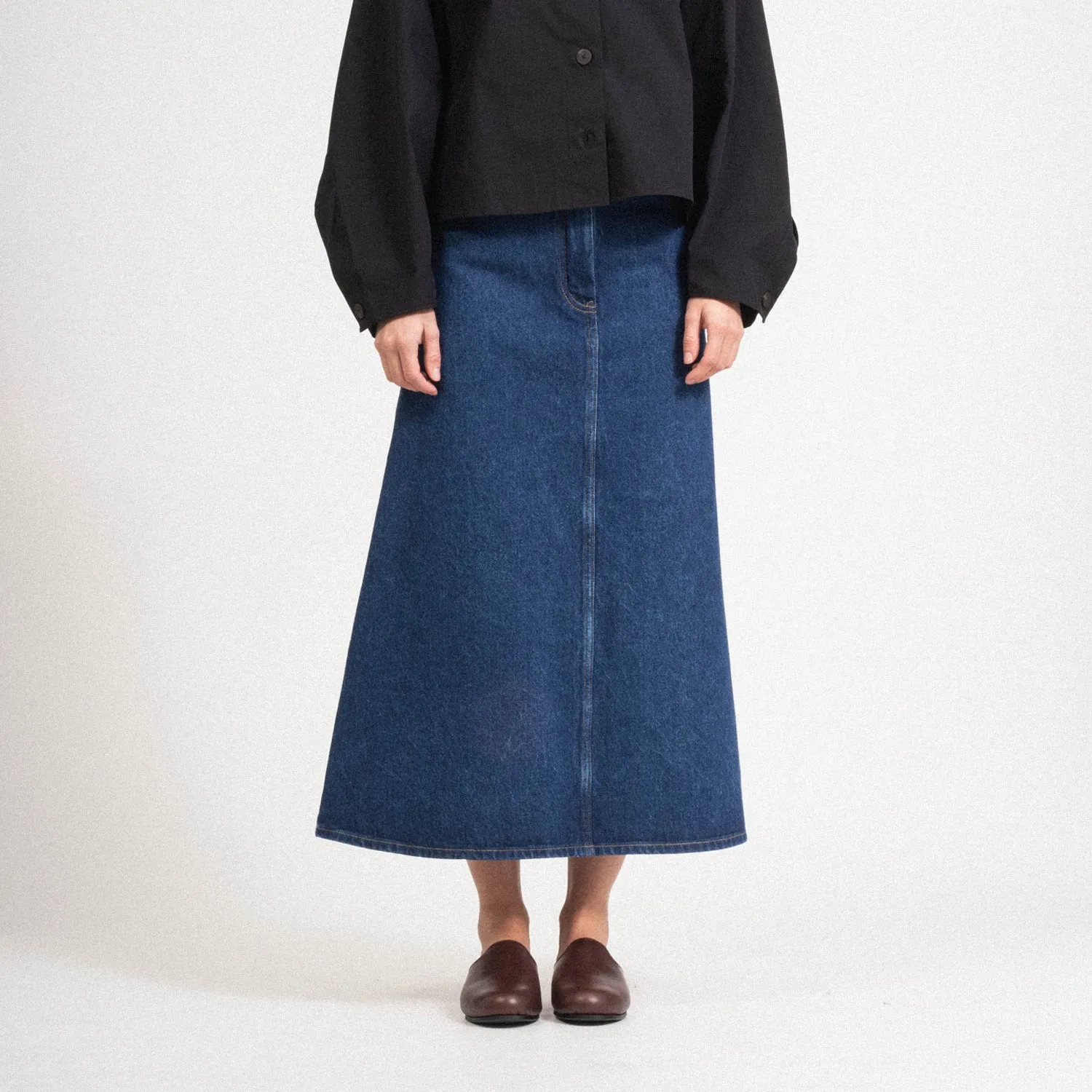 [STUDIO NICHOLSON WOMEN] BARINGO A LINE DENIM SKIRT _ INDIGO WASH