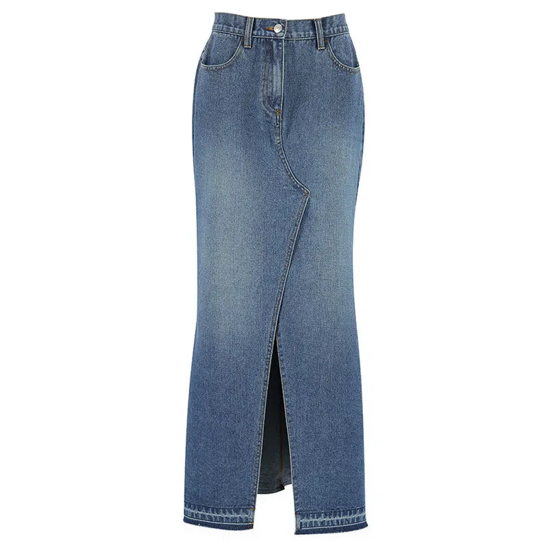 Vintage Raw Hem Split Front High Waist A Line Maxi Denim Skirt