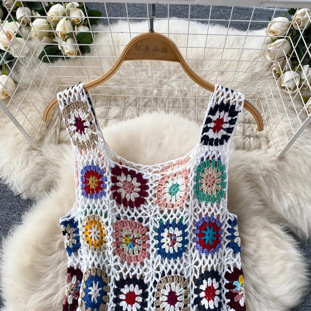 Women Granny Square Crochet Tassel Sleeveless Cover Up Dress
