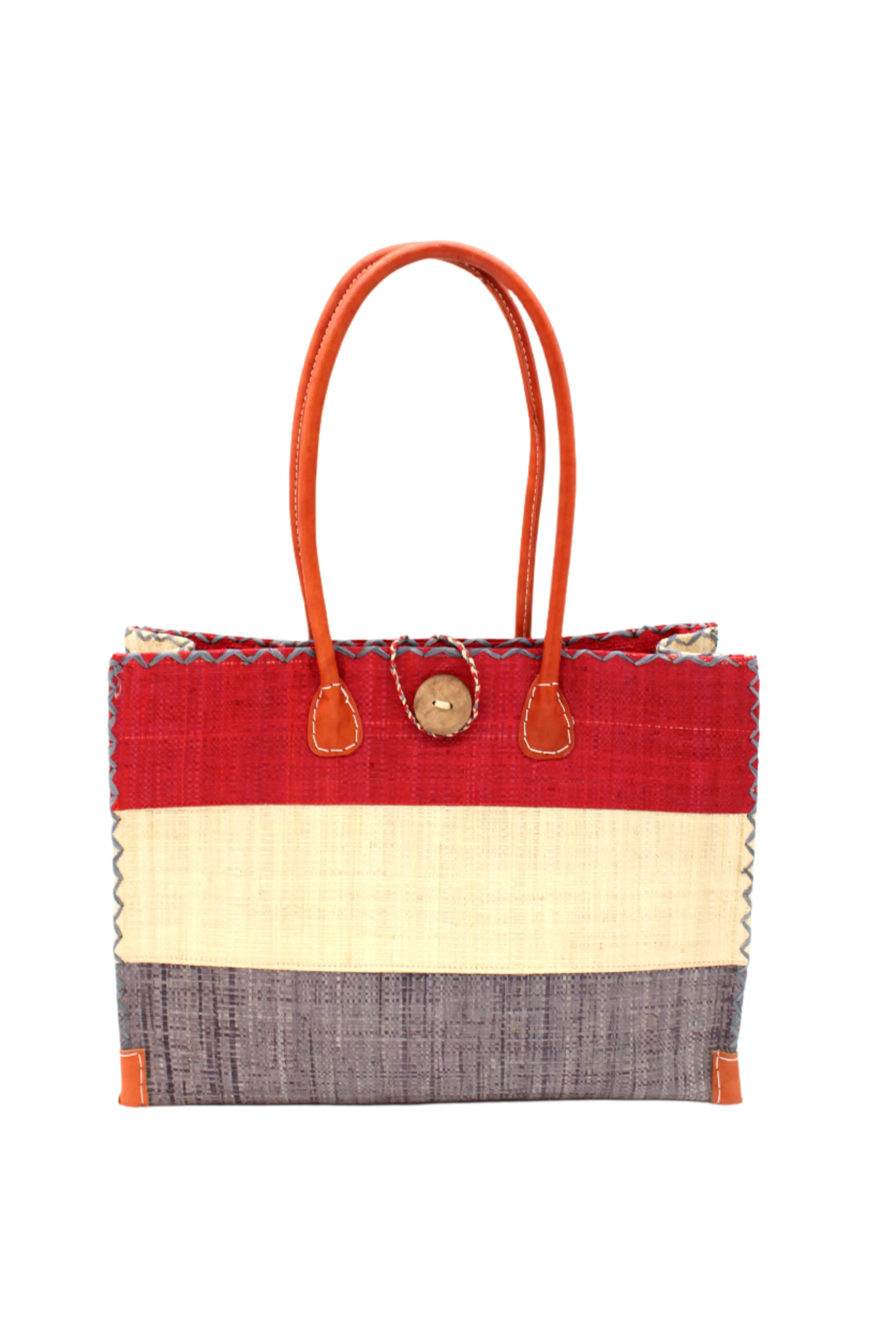 Zafran 3 Tone Color Block Straw Beach Bag