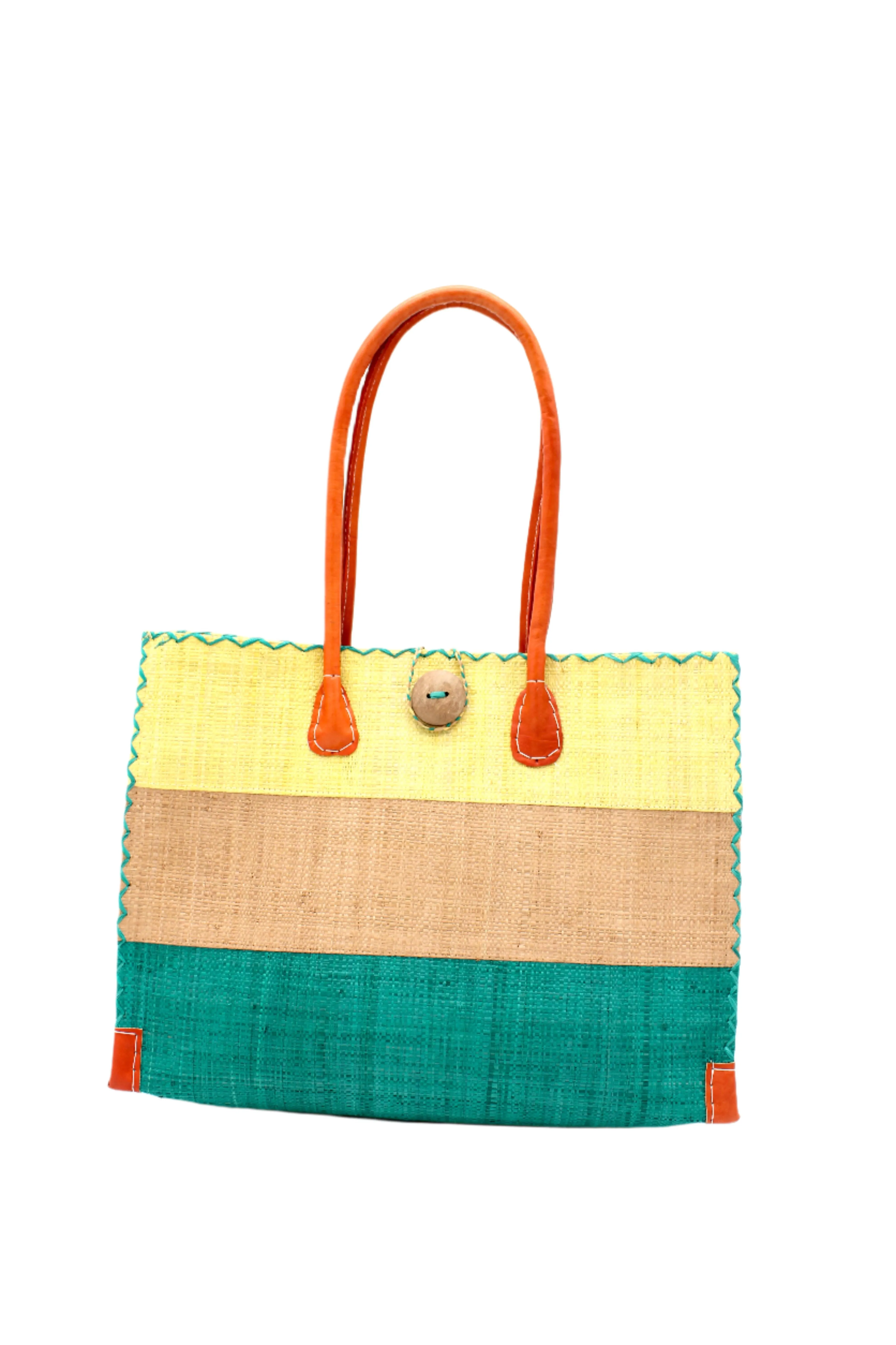 Zafran 3 Tone Color Block Straw Beach Bag